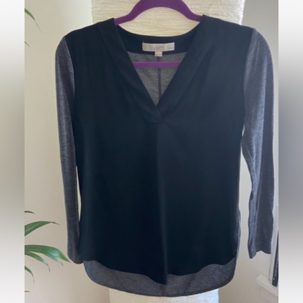 LOFT Petite black & grey mixed media top - XXSP